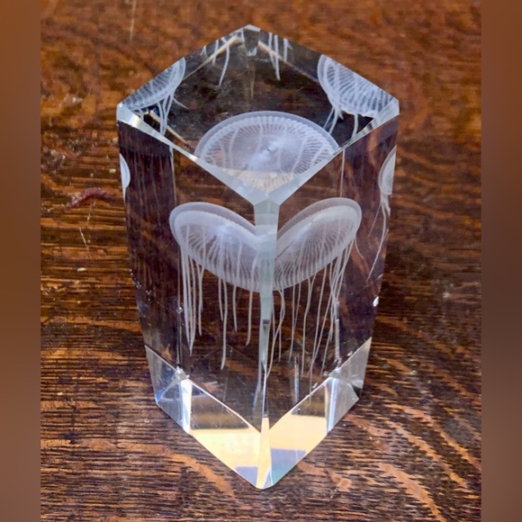 3D Jellyfish Etched Solid Faceted Lead Crystal Decorative Paperweight - Picture 13 of 16
